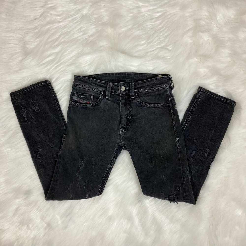 DIESEL - 26 X 30 -  Customized "Thanaz Stretch" Black Distressed Skinny Jeans